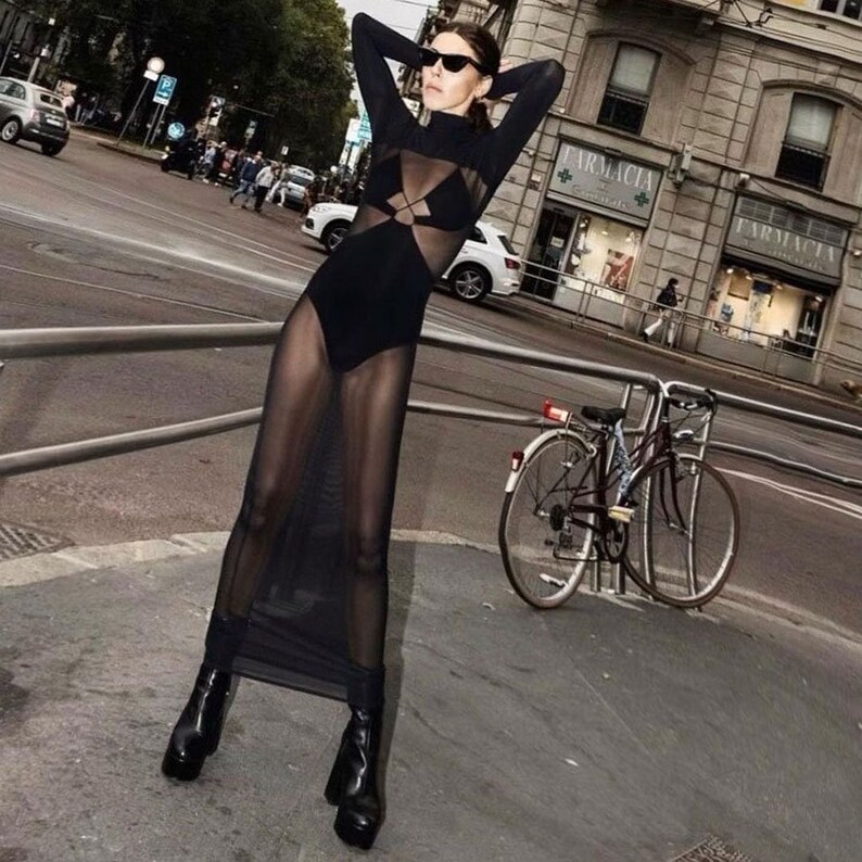Translucent Mesh Dress - Sexy Mesh Black Maxi Dress - Long Sleeves Party Dress - Elegant Stitching- Long-Lasting Useable Body-con 