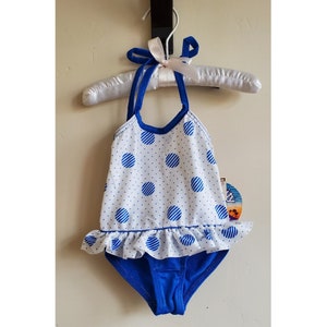Vintage 1970s Girl's Infant Swimsuit Vintage Deadstock NWT Girls Infant Aquativity Swimsuit One Piece Blue White Polka Dot Ruffle ILGWU image 1