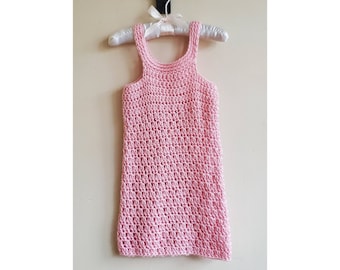 Vintage 1970's Girl's Dress - 70's Girls Pink Crochet Halter Mini Dress Handmade Retro Vintage Childrens 12-18 months 1-2T