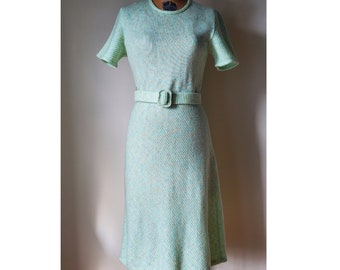 Vintage 1940's Dress - 40's Knit Dress Mint Green Short Sleeve with Belt