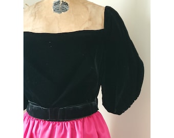 Vintage 1960's Dress - 60's Black Velvet Balloon Sleeve Off The Shoulder Dress Pink Satin Taffeta Skirt Button Back Bow Waist Velvet Trim