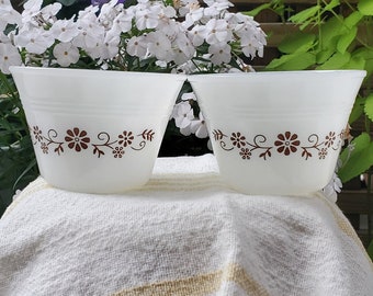 Vintage Dynaware Pyr-O-Rey Ramekins Dishes Set of 2 Milk Glass 3" Bowl Brown Floral Daisy Pattern