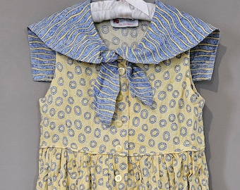 Girl's Handmade Sailor Dress Yellow Blue Stripe Coastal Flap Collar Handmade Size 10