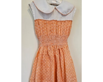 Vintage 1960s Girls Dress - Handmade Smocked Peach Dress Peter Pan Collar School Girl Dress Size 6