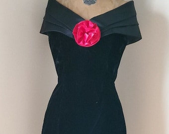 Vintage 1980's Dress - 80's Gunne Sax Dress Black Velvet Off The Shoulder with Satin Rose