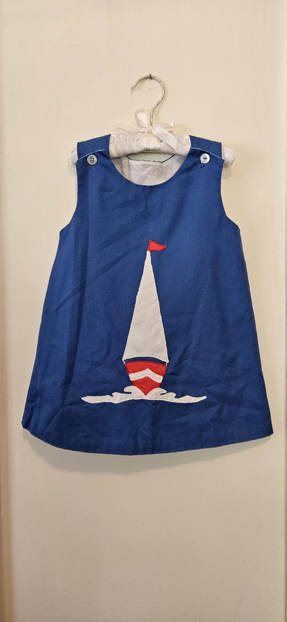 Vintage Girls Sailboat Shift Dress Size 3T Navy Blue Red Sailor - Main Image