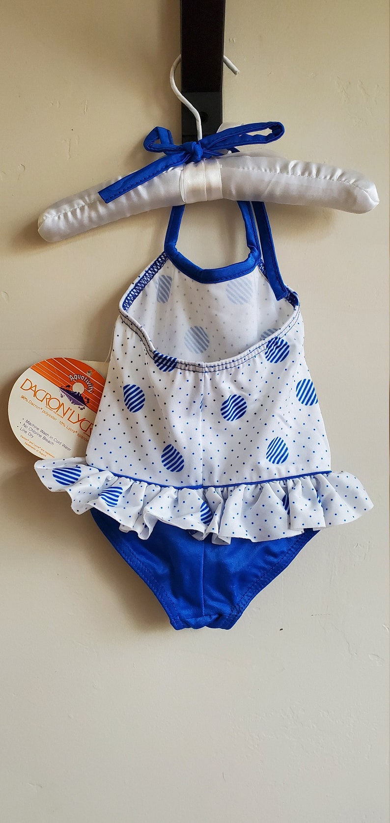 Vintage 1970s Girl's Infant Swimsuit Vintage Deadstock NWT Girls Infant Aquativity Swimsuit One Piece Blue White Polka Dot Ruffle ILGWU image 7