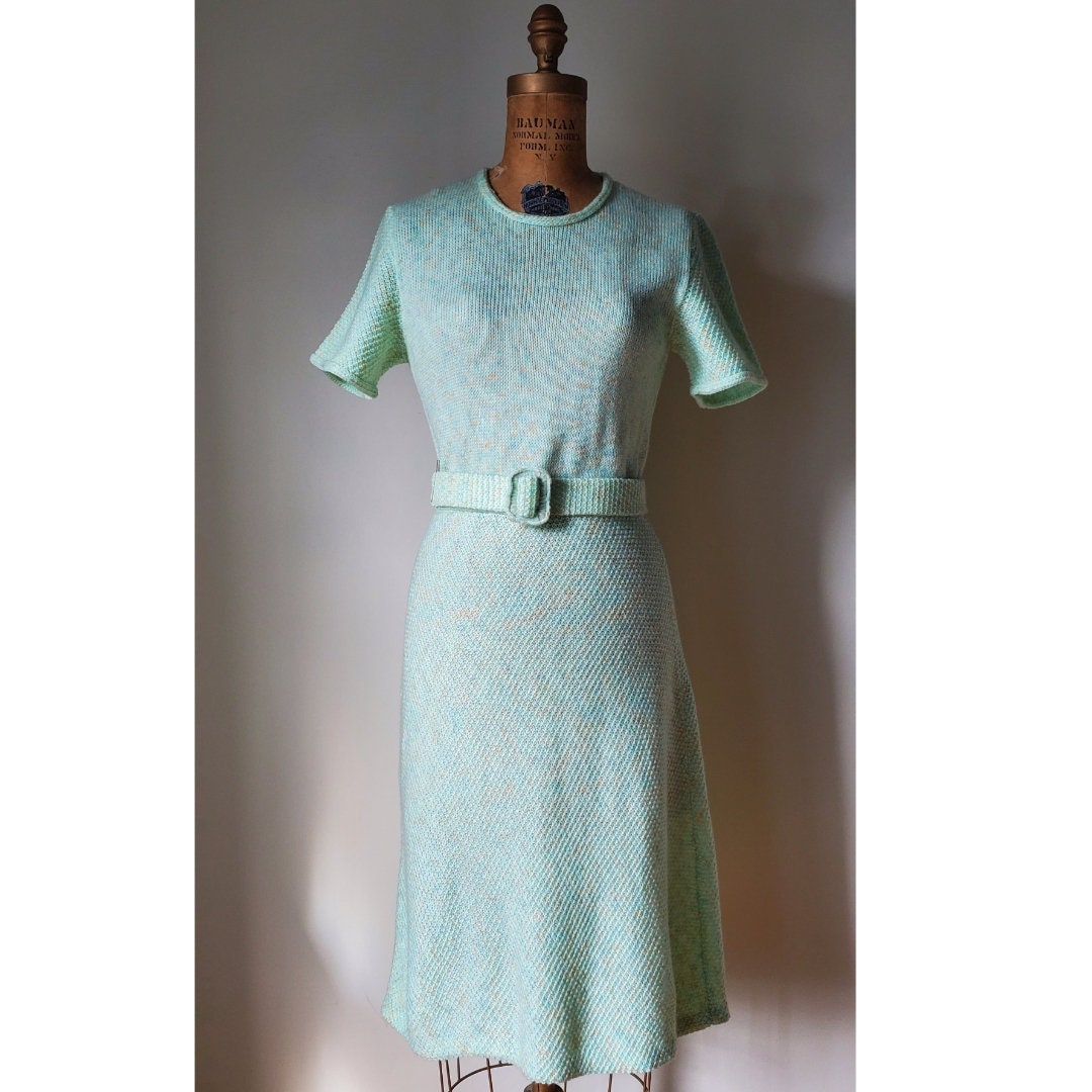 Vintage 1940's Dress 40's Knit Dress Mint Green Short Sleeve With Belt ...