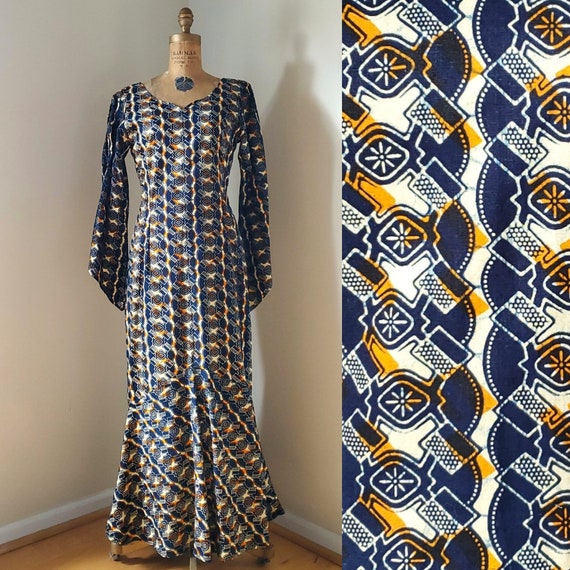 Vintage 1970's Dress - 70s Maxi Mermaid Tribal Pa… - image 1