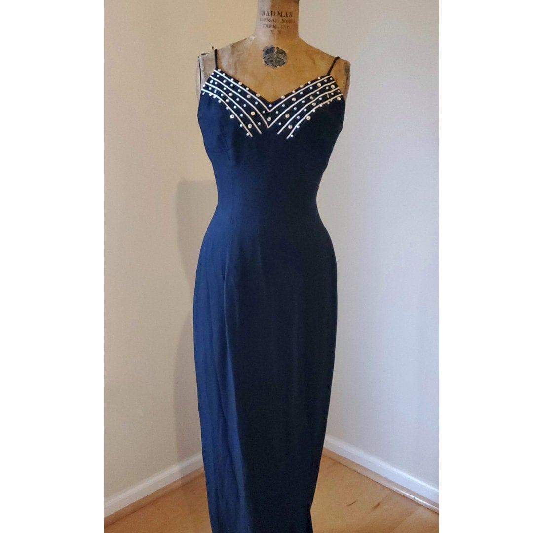Jessica Mcclintock Dresses 1990s 1990s Jessica McClintock Prom Dress Teal  Satin Black Lace Strapless Boned 7/