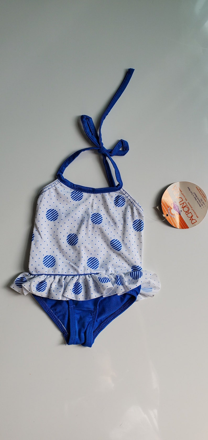 Vintage 1970s Girl's Infant Swimsuit Vintage Deadstock NWT Girls Infant Aquativity Swimsuit One Piece Blue White Polka Dot Ruffle ILGWU image 2
