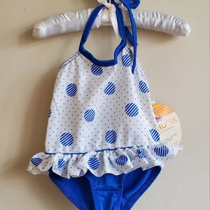 Vintage 1970s Girl's Infant Swimsuit Vintage Deadstock NWT Girls Infant Aquativity Swimsuit One Piece Blue White Polka Dot Ruffle ILGWU image 9