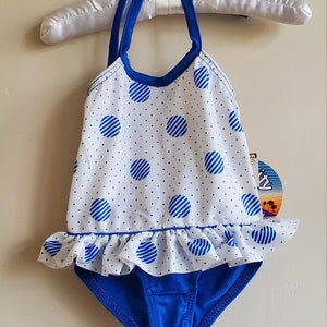 Vintage 1970s Girl's Infant Swimsuit Vintage Deadstock NWT Girls Infant Aquativity Swimsuit One Piece Blue White Polka Dot Ruffle ILGWU image 8