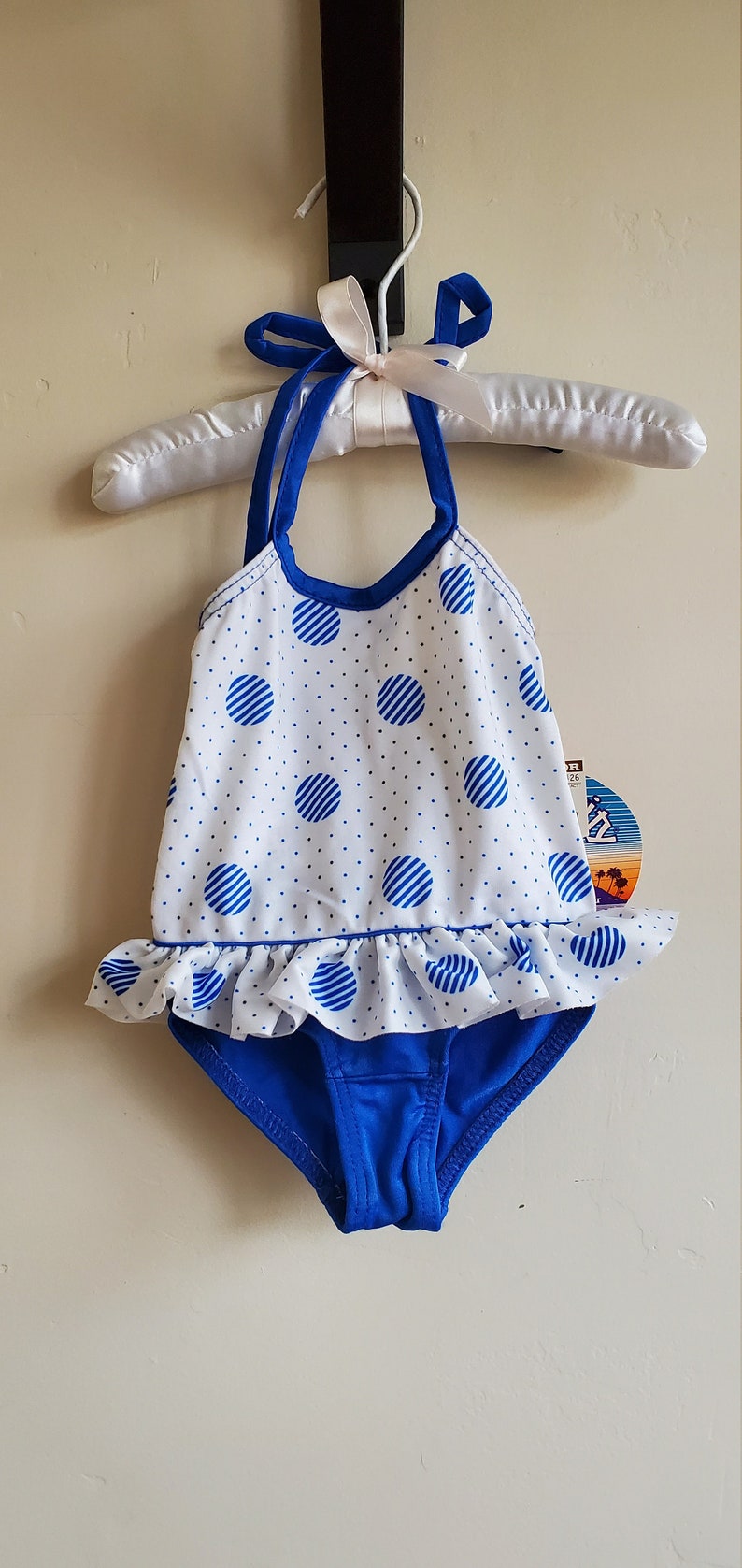 Vintage 1970s Girl's Infant Swimsuit Vintage Deadstock NWT Girls Infant Aquativity Swimsuit One Piece Blue White Polka Dot Ruffle ILGWU image 8