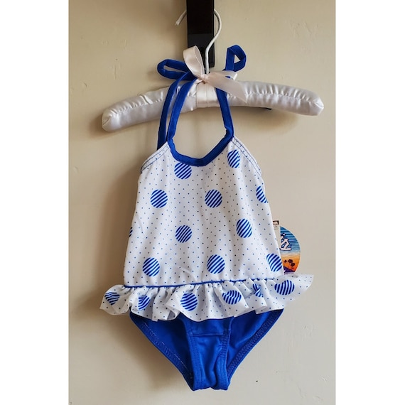Vintage 1970s Girl's Infant Swimsuit - Vintage Deadstock NWT Girls Infant Aquativity Swimsuit One Piece Blue White Polka Dot Ruffle ILGWU