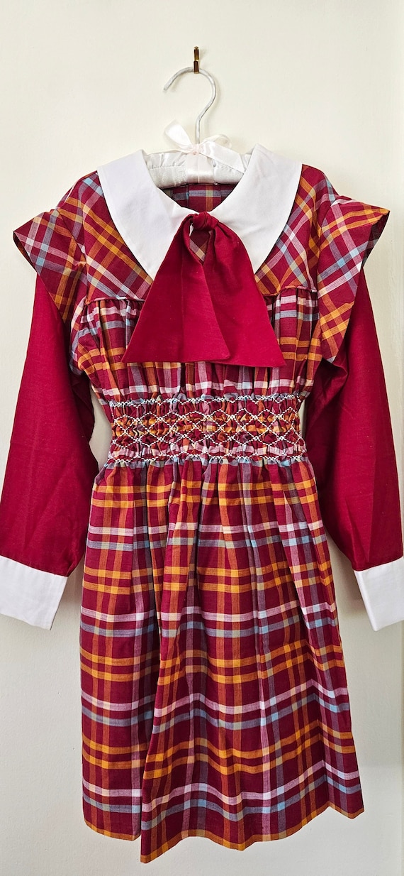 Vintage 1960s Girls Dress - Handmade Plaid Smocked