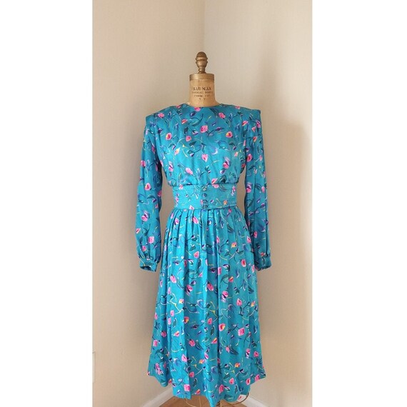 Vintage 1980's Dress - 80's Floral 100% Silk Teal