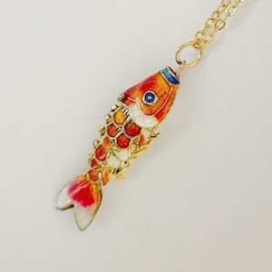 Vintage Gold Plated Cloisonné Enamel Articulated Fish Pendant Necklace, Silver Fish Pendant Strung on a Choice of Gold or Dori Cord Chains