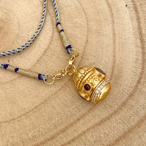 Indian Calming, Protection Talisman 24k Gold Plated Bell Shaped Amulet with Labradorite & Garnet Gemstones and Zirconia on Indian Dori Cord