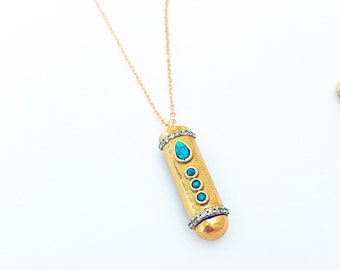 Indian Amulet Pendant 24k Gold Plated with Turquoise and Zirconium Crystals Strung on 18k Gold Plated Cable Chain