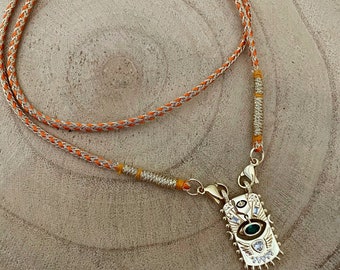 Talisman Evil-Eye Scapular 14k Gold Plated Pendant with Cubic Zirconia Crystals on Pink, Blue, Orange or Green & Gold Indian Dori Cord