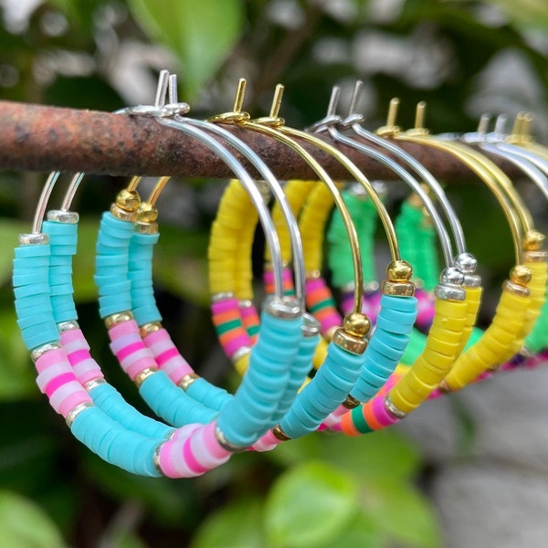 Small, Bright Heishi Creole Hoop Earrings, 30mm (1.2”) diameter, Multicoloured Bright Beads on Silver Steel or 18k Gold Plated Hoop Earrings