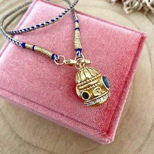 Indian Calming Protection Talisman 24k Gold Plated Amulet, Labradorite & Garnet Gemstones and Zirconia on Indian Dori Cord