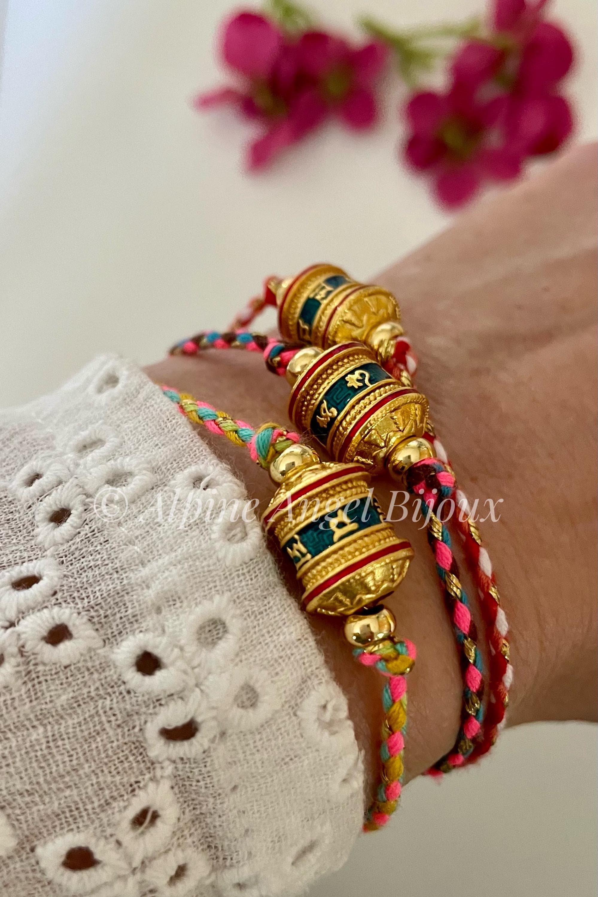 Bracelet Perles Agate Et Mantra Om Mani Padme Hum - Fait Main, Ajustable Sur Mesure