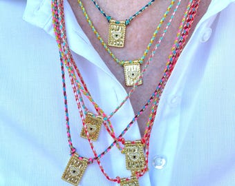 Collana/collana con cordino colorato intrecciato anti-malocchio, lunghezza regolabile: lunga-corta, scapolare placcato oro 18k con perline placcate oro 18k e 24k
