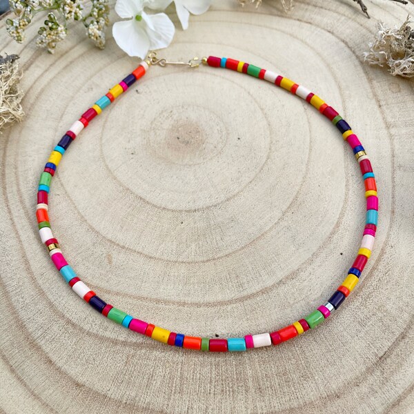 Bright Multicoloured Dyed Howlite Stone Tube Beaded Necklace