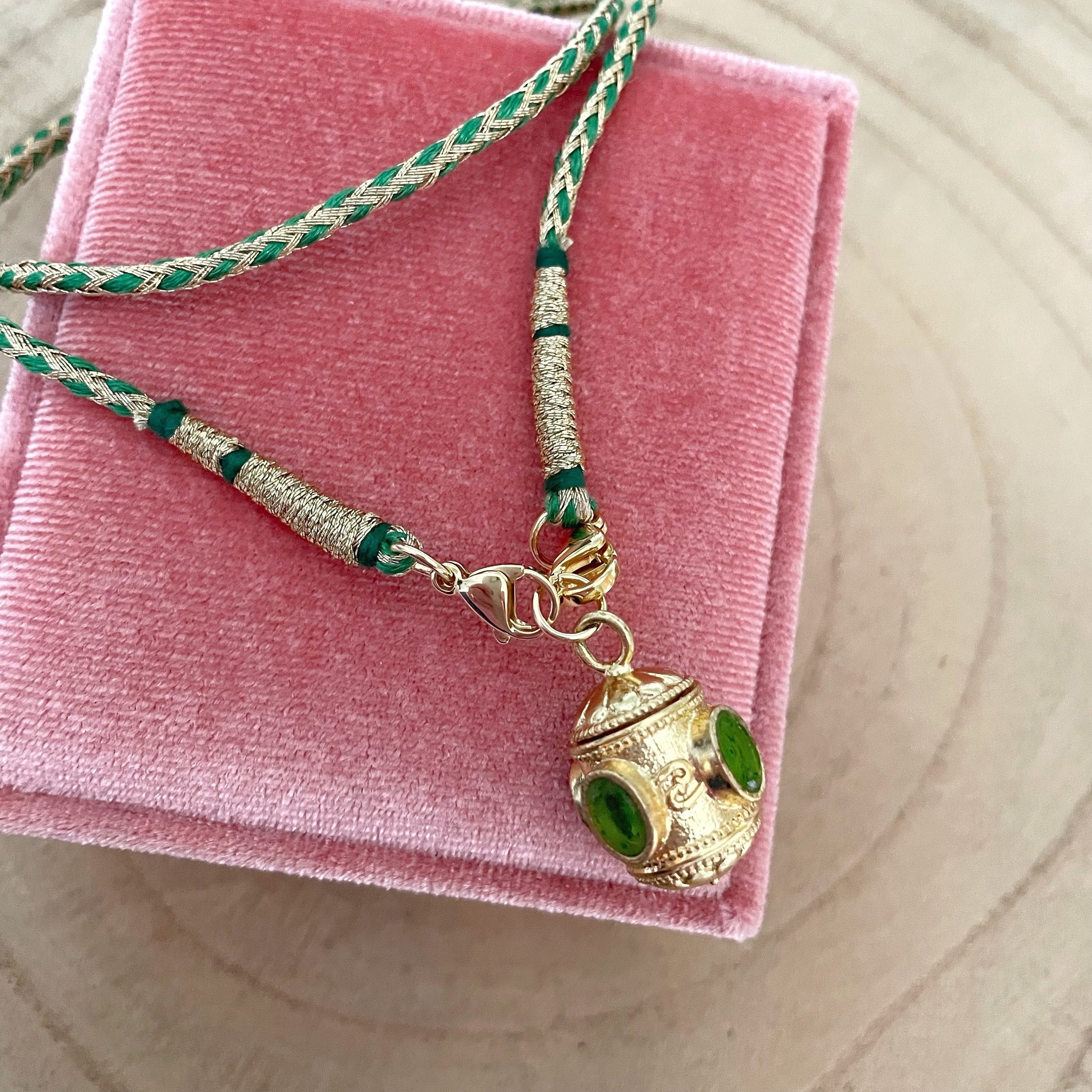 Indian Talisman Gold Plated Green Peridot Amulet Strung on Indian Dori