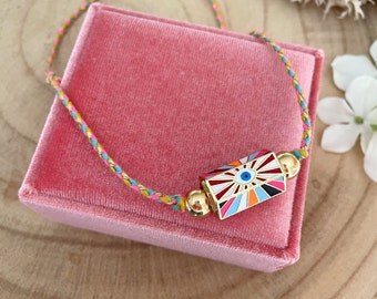 Choker anti-malocchio, cordino intrecciato con ciondolo placcato oro 14k in smalto colorato con perline placcate oro 18k