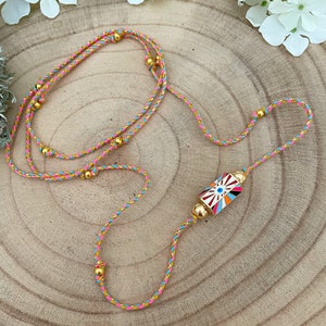 Evil-Eye Colourful Enamel Detailed Barrel Pendant Talisman Necklace with 24k Gold Plated Beads on Braided Cord
