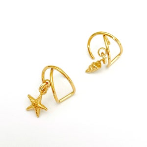 Cross Ear Cuff, 18ct PVD Hard Wearing Gold Plated Stainless Steel with Tiny Starfish or Conch Shell, No Piercing Conch/Helix Pierced Effect