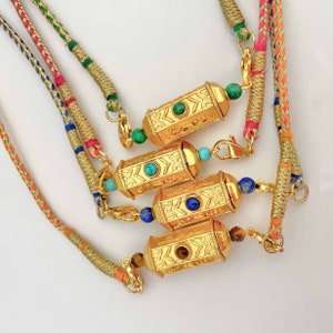 Indian Healing/Protection Talisman, Variety of 24k Gold Plated Barrel Amulet Strung on Pink, Blue, Orange, Green/Gold Indian Dori