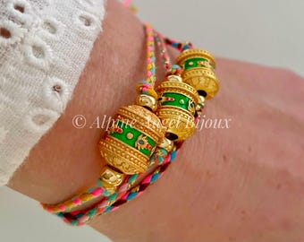 Braided Cord Bracelet with 18k Gold Plated Tibetan Buddhist Prayer Wheel 'Om Mani Padme Hum' Inscription on a Choice of Coloured Cords