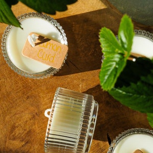 Könnte beinhalten: Drei runde Kerzen in klaren, gerippten Glasbehältern, gefüllt mit weißem Wachs. Jede Kerze hat ein kleines, rechteckiges beiges Etikett mit dem in gelber Schreibschrift verfassten Text Lemon Curd. Die Kerzen sind mit grünen Blättern arrangiert.
