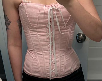 Corsé largo sin tirantes de lino rosa Regency, talla 6