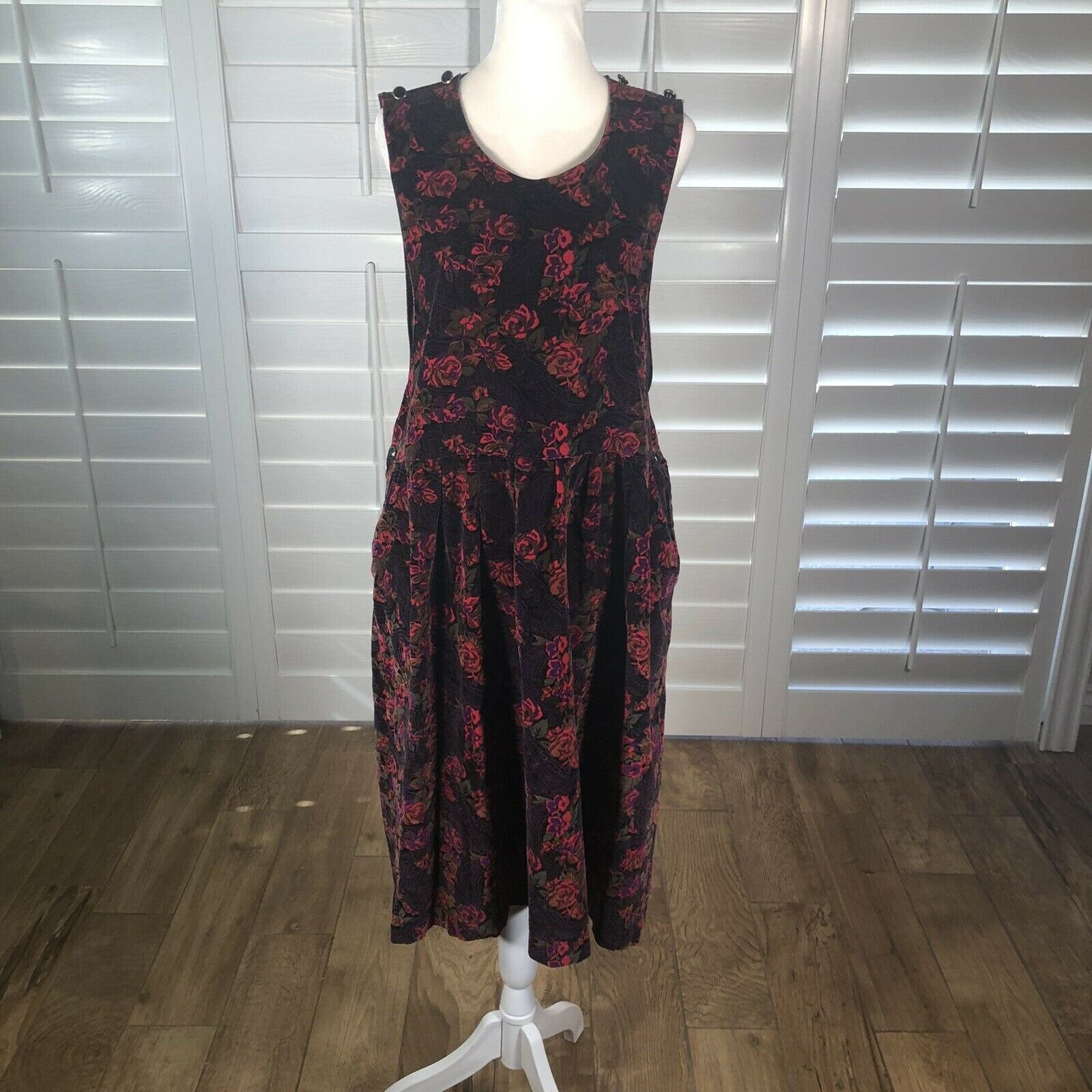 Danasvintagevibes Vtg Modest 90s Jumper Dress 14 Velvet Floral Black Red Purple Pinefore Pockets