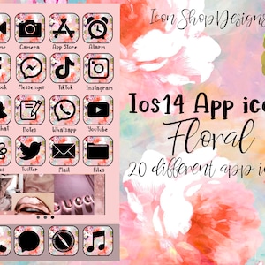 May include: A set of 20 floral-themed app icons for iOS 14. The icons feature a variety of popular apps, including FaceTime, Camera, App Store, Alarm, Facebook, Messenger, TikTok, Instagram, Snapchat, Notes, Whatsapp, YouTube, Photos, Twitter, Mail, Files, Phone, Compass, and Music. The icons are designed in a pink and white floral pattern with black app icons.