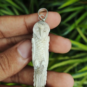 Hand-Carved Bone Owl Pendant: Bali Deer Antler Necklace