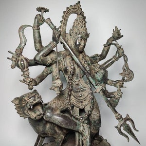 10 Armed Hindu Goddess Mahakali Standing on Roaring Lion Sculpture Holding Trident 46cm /18 inch, Hindu God , Kali Statue, Goddess Kali