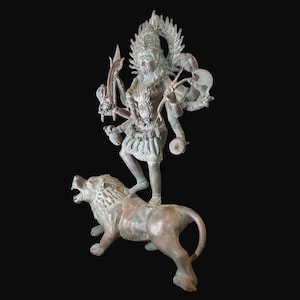 Bronze Standing Lord Mahakali on Lion 47 cm /18.5 inch, Hindu God , Kali Statue, Goddess Kali Statue, Parvati, Durga , Hindu goddess statue