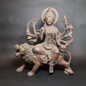 Bronze Sitting Lord Mahakali on Lion 23 cm /9.1inch, Hindu God , Kali Statue, Goddess Kali Statue, Parvati, Durga , Hindu goddess statue