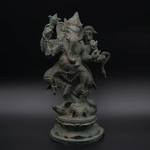 Bronze Dancing Ganesh With 6 Arms On Rat and Lotus Base Statue 8.6&quot;