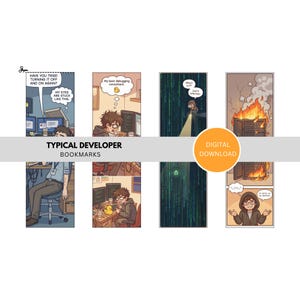 Könnte beinhalten: Ein Satz von "Typical Developer" Lesezeichen mit Cartoon-Illustrationen aus dem Alltag eines Entwicklers. Die Lesezeichen zeigen verschiedene Szenarien, darunter Debugging, Serverprobleme und den Text "Digitaler Download".