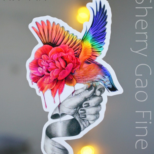 Holographic sticker-Letting Go-Art sticker-Laptop Sticker-Phone Sticker-Bird sticker-Kingfisher-Peony sticker-Vinyl sticker-Hand drawn