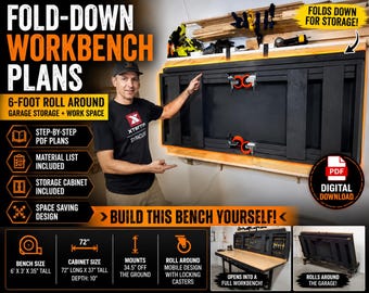 Fold Down Workbench Plans: 6-Foot Roll Around Garage Storage (PDF)