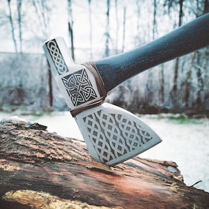 Celtic Inspired Engraved Axe w/ Leather Wrap - Handmade Celtic Laser Etched Carbon Steel Axe for Display & Use | Gift Ideas for Woodcutter
