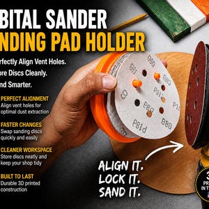 May include: An orbital sander sanding pad holder with the text "ORBITAL SANDER SANDING PAD HOLDER". The holder is orange and holds several sanding discs. The image also shows a yellow sander and the text "3D PRINTED IN THE USA".